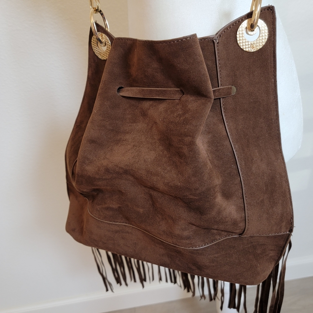 Boho Brown Faux Leather Crossbody Handbag Eith Fringe - Picture 3 of 6